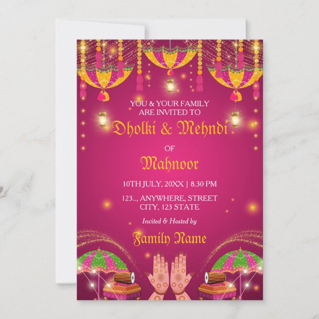 Farbenfrohe Regenschirme Mehndi & Dholki Nachteinl Einladung (Vorderseite)