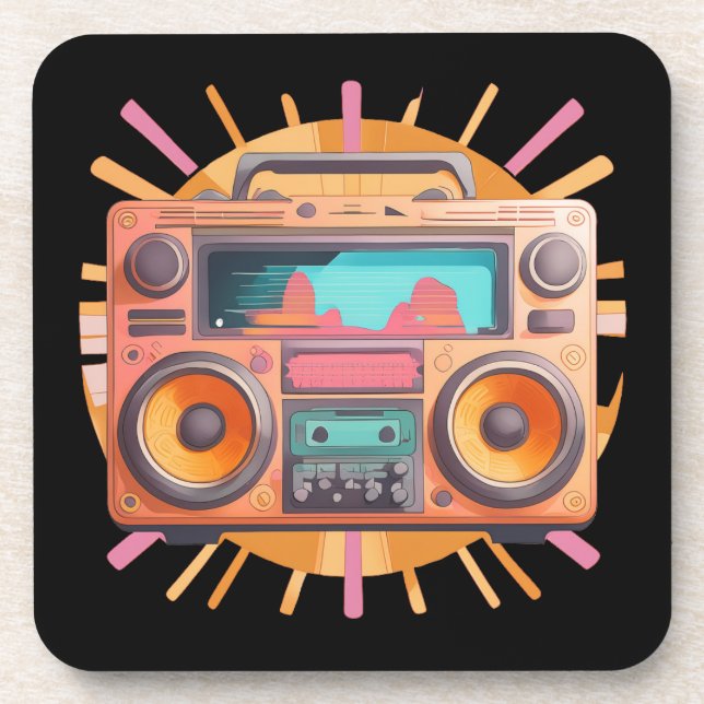 Farbenfrohe Retro-80er-Boombox mit Sonnenaufgang i Getränkeuntersetzer (Vorderseite)