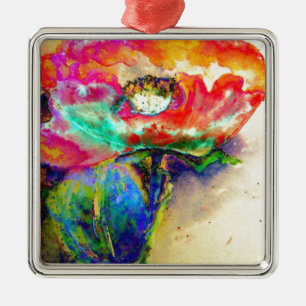 Farbenfrohe Retro Abstrakte Mohnwasserfarbe Silbernes Ornament