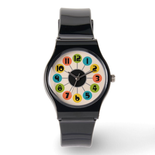 Farbenfrohe Retro Atomic Mitte Jahrhundert Moderne Armbanduhr (Vorderseite)