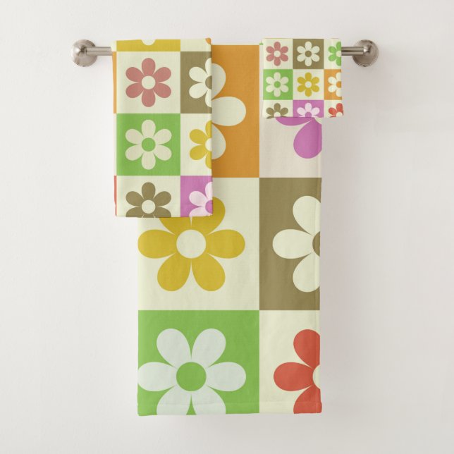Farbenfrohe Retro-Blume auf Prüfplatine-Muster Badhandtuch Set (Insitu)