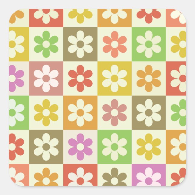 Farbenfrohe Retro-Blume auf Prüfplatine-Muster Quadratischer Aufkleber (Vorderseite)