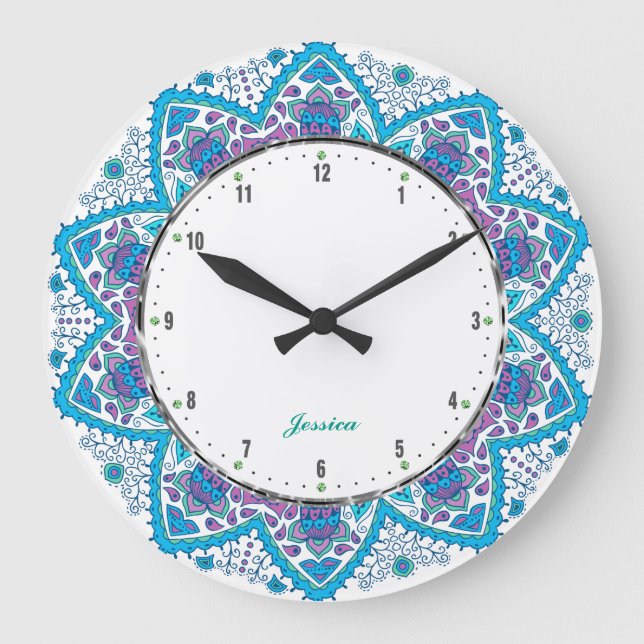 Farbenfrohe Retro-Blume Blau Obertöne Große Wanduhr (Vorderseite)