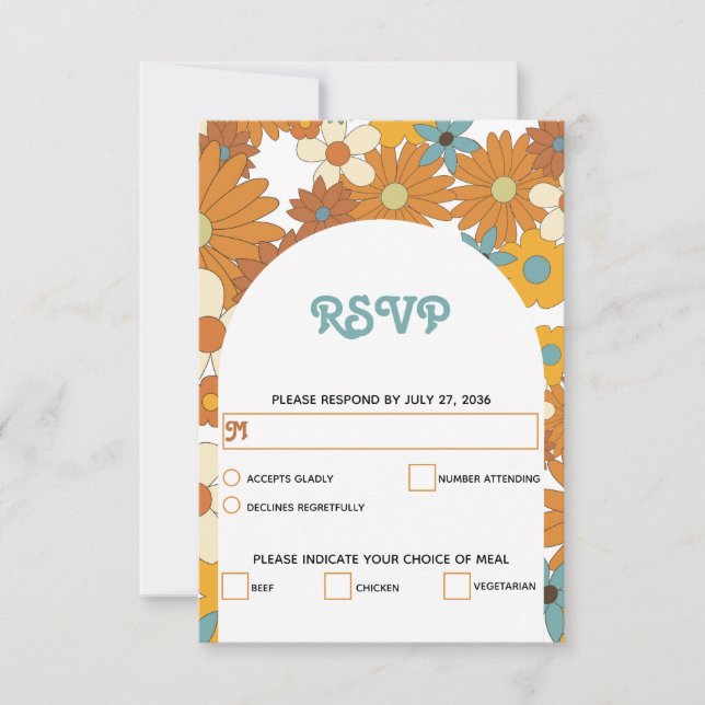 Farbenfrohe Retro-Blume der 60er 70er Jahre RSVP Karte (Vorderseite)
