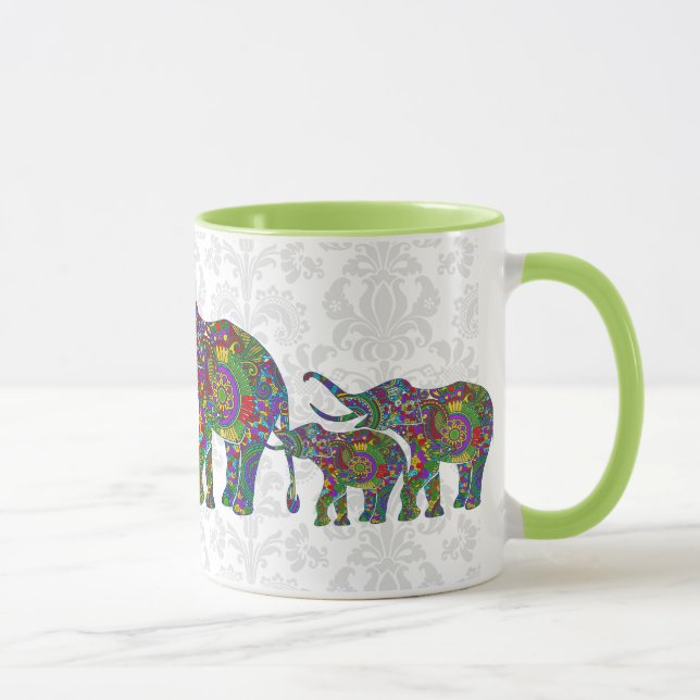 Farbenfrohe Retro-Blume Elefantenfamilie 2 Tasse (Rechts)