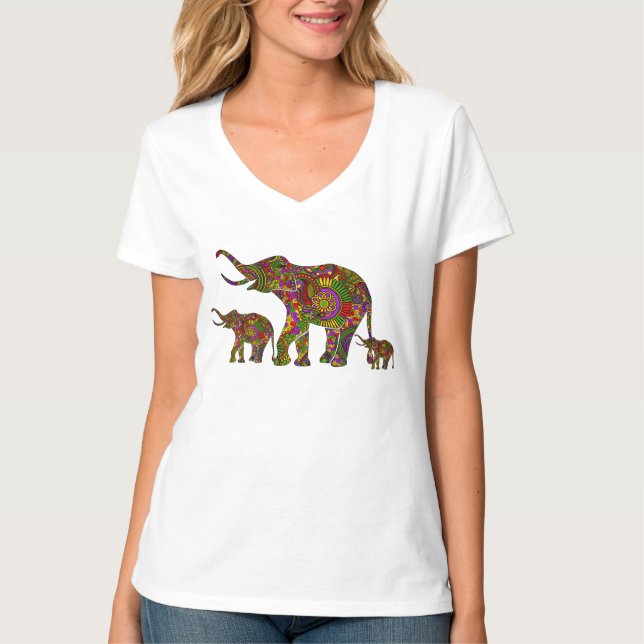 Farbenfrohe Retro-Blume Elefantenfamilie 3 T-Shirt (Vorderseite)