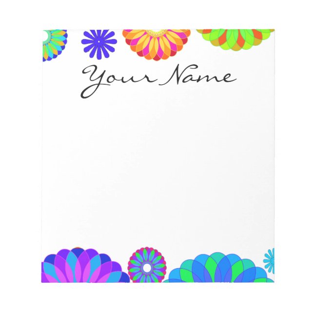 Farbenfrohe Retro-Blume-Muster auf weißem Hintergr Notizblock (Vorderseite)