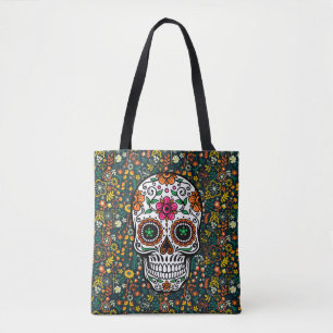 Farbenfrohe Retro-Blume Muster und Zuckerschädel Tasche