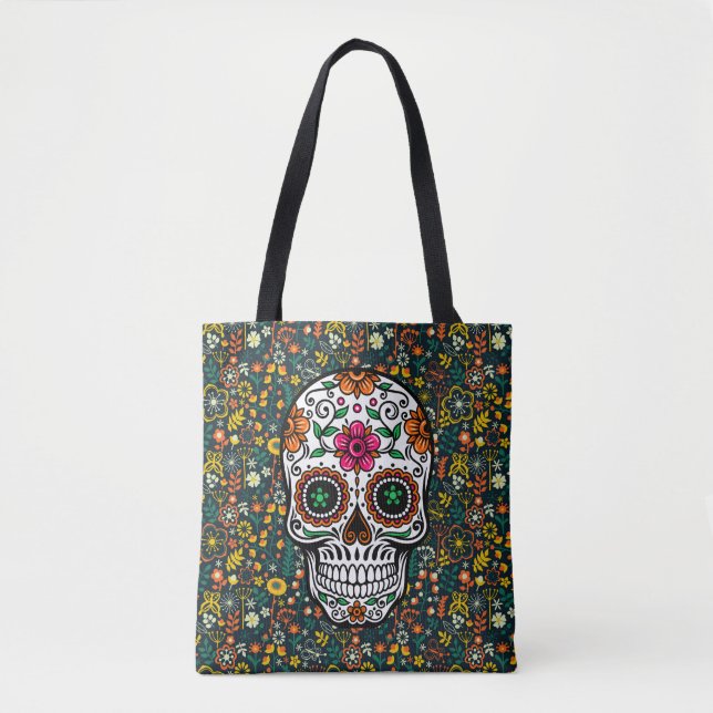 Farbenfrohe Retro-Blume Muster und Zuckerschädel Tasche (Vorderseite)