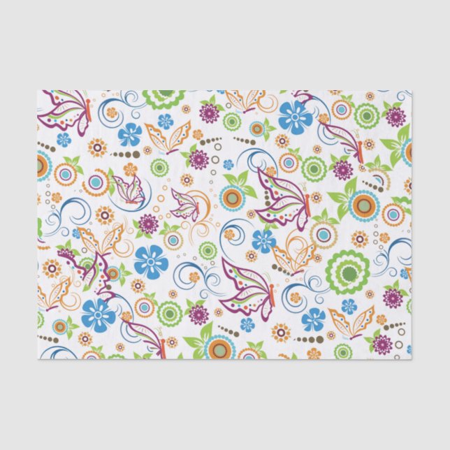 Farbenfrohe Retro-Blume Vögel & Schmetterlinge 2 Seidenpapier (Vorderseite)