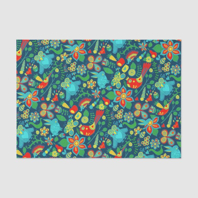 Farbenfrohe Retro-Blume Vögel & Schmetterlinge Seidenpapier (Vorderseite)