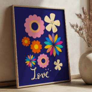 Farbenfrohe Retro-Blumen auf Navy-Blau Liebesflora Poster