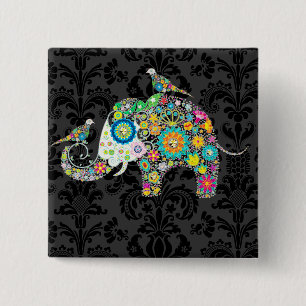 Farbenfrohe Retro-Blumen-Elefant & Vögel Button