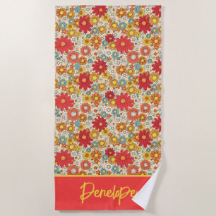 Farbenfrohe Retro-Blumen - Personalisiert  Strandtuch