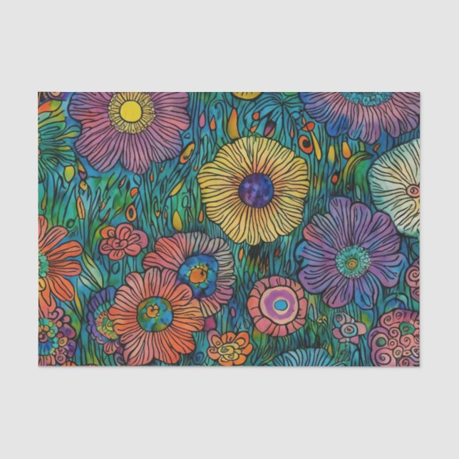 Farbenfrohe Retro Blumengarten Seidenpapier (Vorderseite)