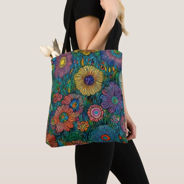 Farbenfrohe Retro Blumengarten Tasche (Von Nahem)