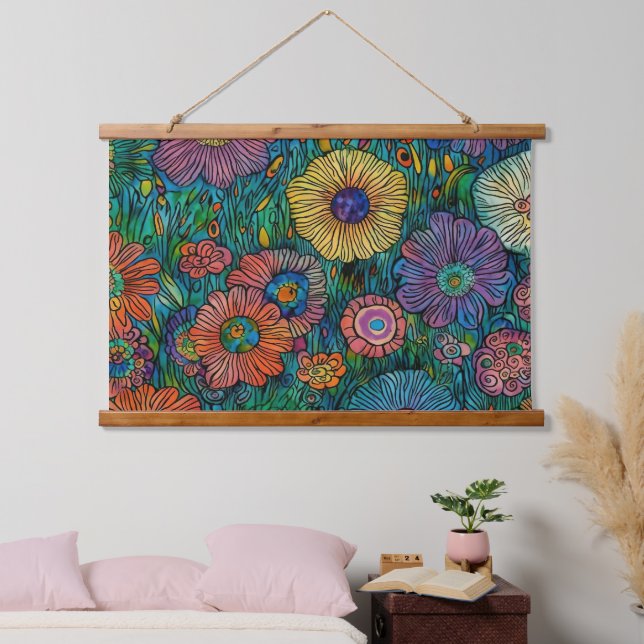 Farbenfrohe Retro Blumengarten Wandteppich Mit Holzrahmen (Schlafzimmer)