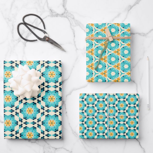 Farbenfrohe Retro-Blumenmuster mit geschliffenen B Geschenkpapier Set (Vorderseite)