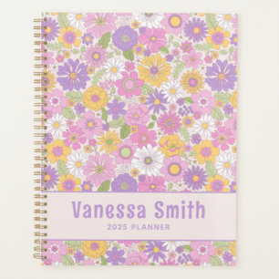Farbenfrohe Retro-Blumenmuster Personalisierter Pl Planer