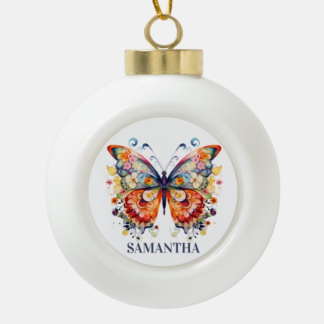 Farbenfrohe Retro-Butterfly Keramik Kugel-Ornament (Vorderseite)
