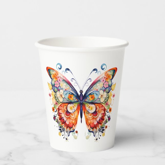 Farbenfrohe Retro-Butterfly Pappbecher (Vorderseite)
