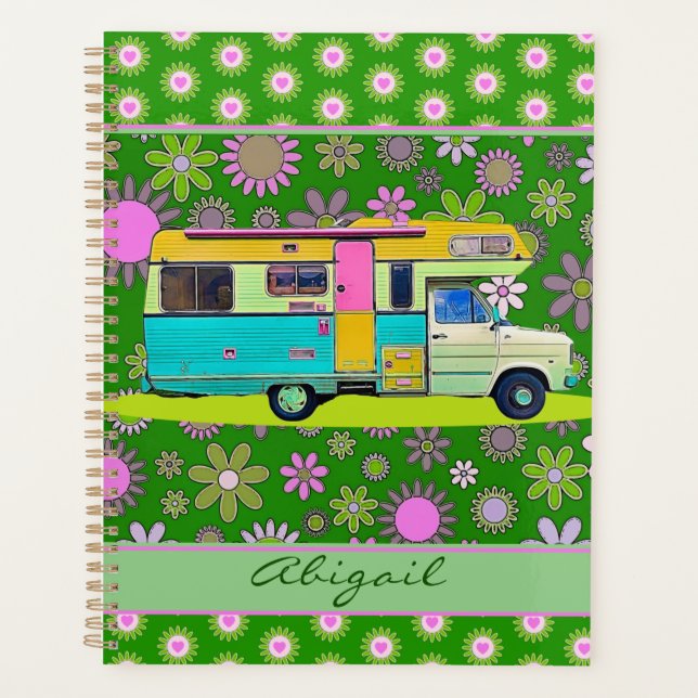 Farbenfrohe Retro Coach Camper und Fun Mod Blume Planer (Vorderseite)