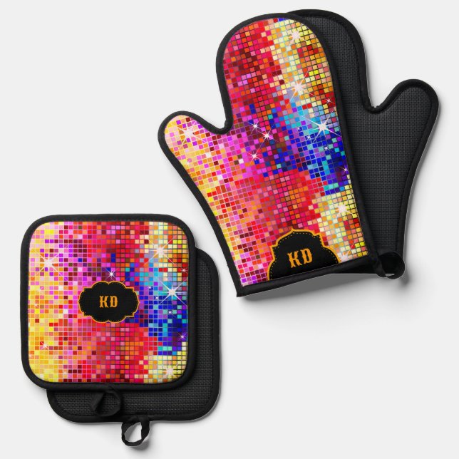 Farbenfrohe Retro Disco Mirror Squares Muster Ofenhandschuh & Topflappen-Set (Vorderseite/Rückseite)