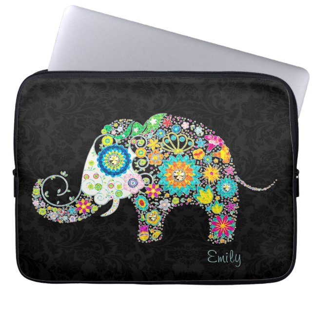 Farbenfrohe Retro Floral Elefant Laptopschutzhülle (Vorderseite)
