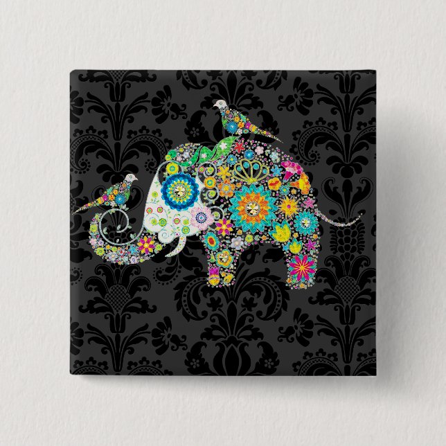 Farbenfrohe Retro Floral Elefant & Vögel Button (Vorderseite)