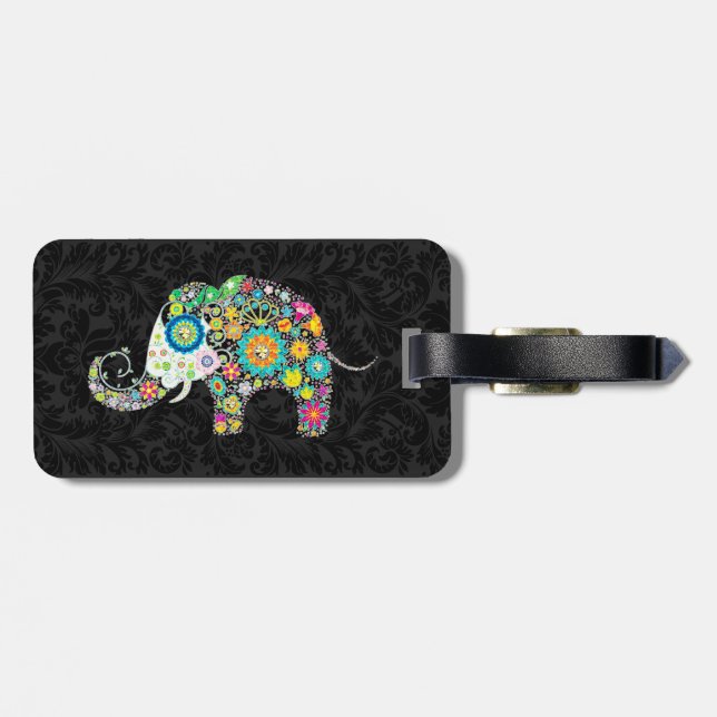 Farbenfrohe Retro Floral Elefanten und schwarze Da Gepäckanhänger (Rückseite horizontal)