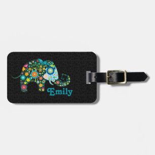 Farbenfrohe Retro Floral Elephant Black Damaskus Gepäckanhänger