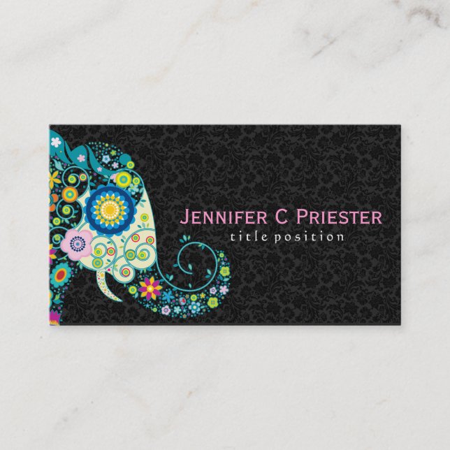Farbenfrohe Retro Floral Elephant & Black Damaskus Visitenkarte (Vorderseite)