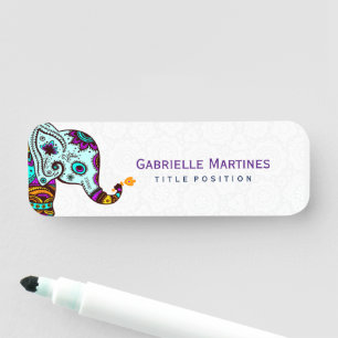 Farbenfrohe Retro Floral Elephant und schwarzer Hi Namensschild