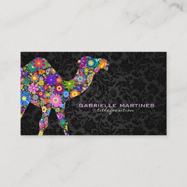 Farbenfrohe Retro-Floral-Kamel und schwarze Damask Visitenkarte (Vorderseite)