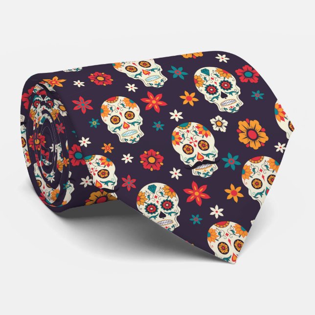 Farbenfrohe Retro Floral Sugar Skulls Muster Krawatte (Gerollt)