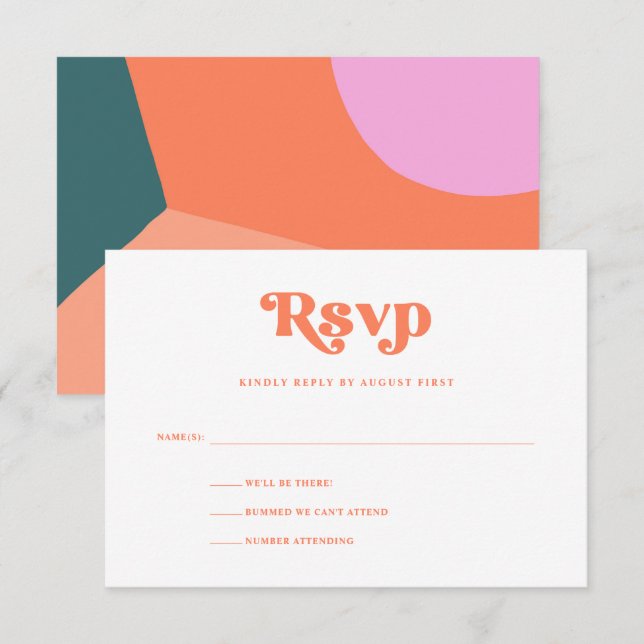 Farbenfrohe Retro Geometric Wedding | Korallen RSVP Karte (Vorne/Hinten)