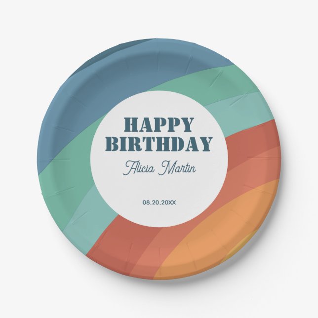 Farbenfrohe Retro Groovy Rainbow Happy Birthday Pappteller (Vorderseite)
