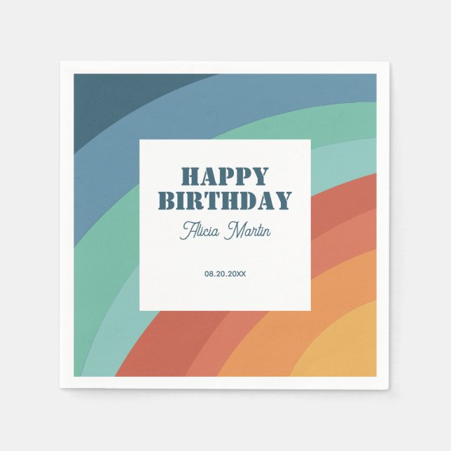 Farbenfrohe Retro Groovy Rainbow Happy Birthday Serviette (Vorderseite)