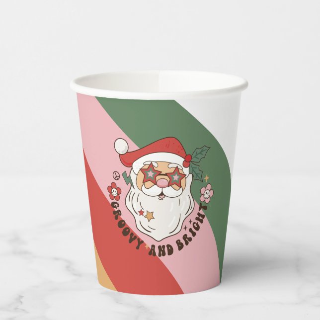 Farbenfrohe Retro Groovy und helle Weihnachten Pappbecher (Links)