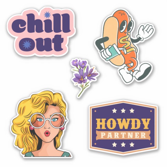 Farbenfrohe Retro Howdy Happy Cartoon Scrapbook Aufkleber (Vorderseite)