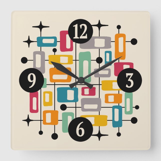 Farbenfrohe Retro Mitte des Jahrhunderts Moderne A Quadratische Wanduhr (Vorderseite)