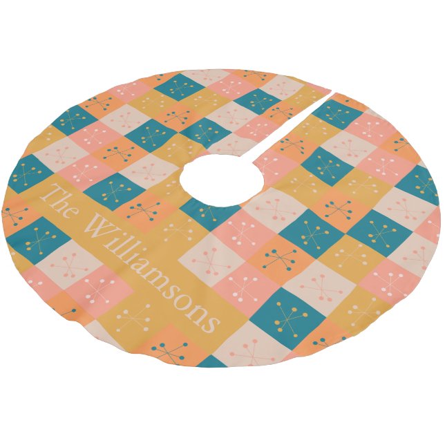 Farbenfrohe Retro-Mittelteil-Mod-Atommuster Person Polyester Weihnachtsbaumdecke (Schrägansicht)