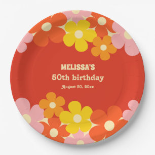 Farbenfrohe Retro Orange Boho Blume 50. Geburtstag Pappteller