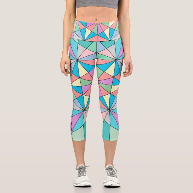 Farbenfrohe Retro Pastel Mosaic Triangle Star Patt Capri Leggings (Vorderseite)