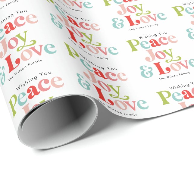 Farbenfrohe Retro Peace Joy & Liebe Weihnachten Fa Geschenkpapier (Rolleneckpunkt)