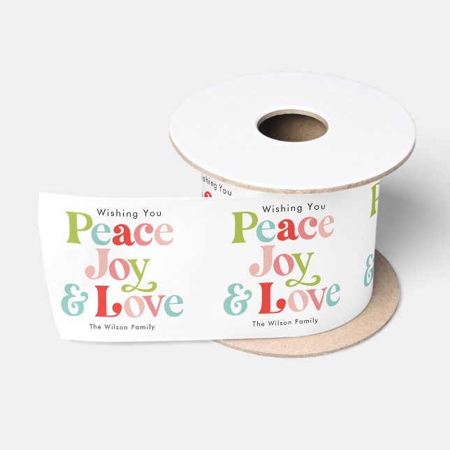 Farbenfrohe Retro Peace Joy & Liebe Weihnachten Fa Satinband (Spule)