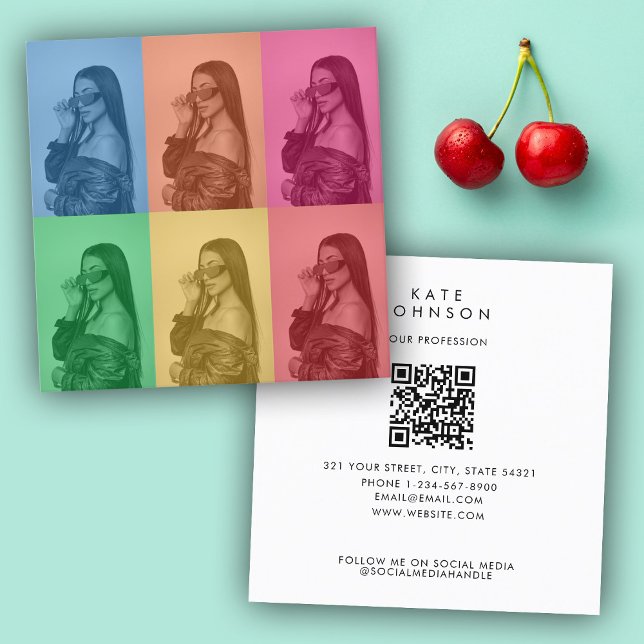 Farbenfrohe Retro Pop Modernes Foto Grill Quadratische Visitenkarte (Colorful Retro Pop Art Modern Custom Photo Grid Square Business Card)