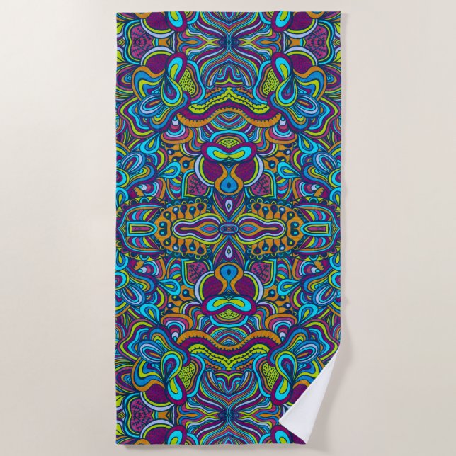 Farbenfrohe Retro Psychedelic Abstrakte Wirbel Strandtuch (Vorderseite)