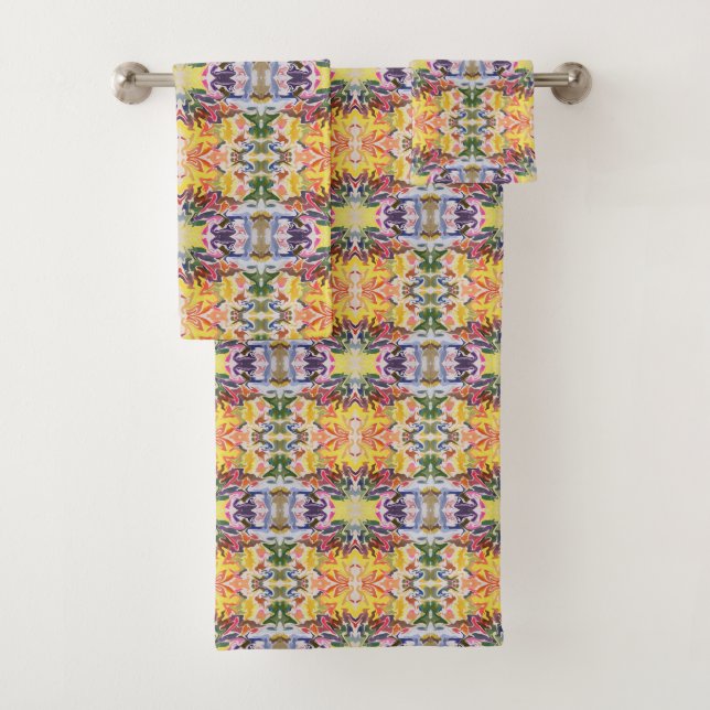 Farbenfrohe Retro Psychedelic Kaleidoskop Abstrakt Badhandtuch Set (Insitu)