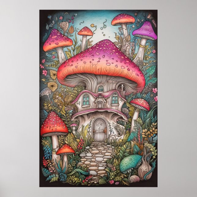 Farbenfrohe Retro Psychedelic Mushroom Illustratio Poster (Vorne)